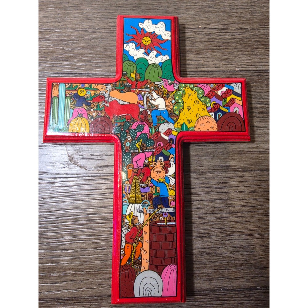 Pablo Perez Signed Mexican Folk Art Wood Cross Hand Painted Guerrero Mexico 10in